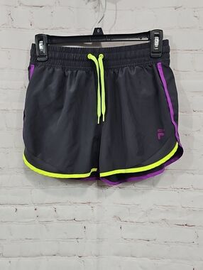 Fila Black Athletic Shorts with Neon Yellow Drawstring & Purple Trim